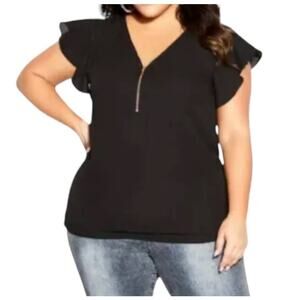 City Chic top Zip Fling Flutter sleeve blouse black XXL (24)